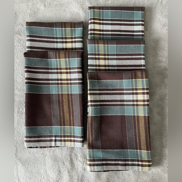 Pottery Barn Set of 5 Plaid 100% Cotton Napkins 20x20 Brown Blue Preppy Academia - Picture 1 of 7